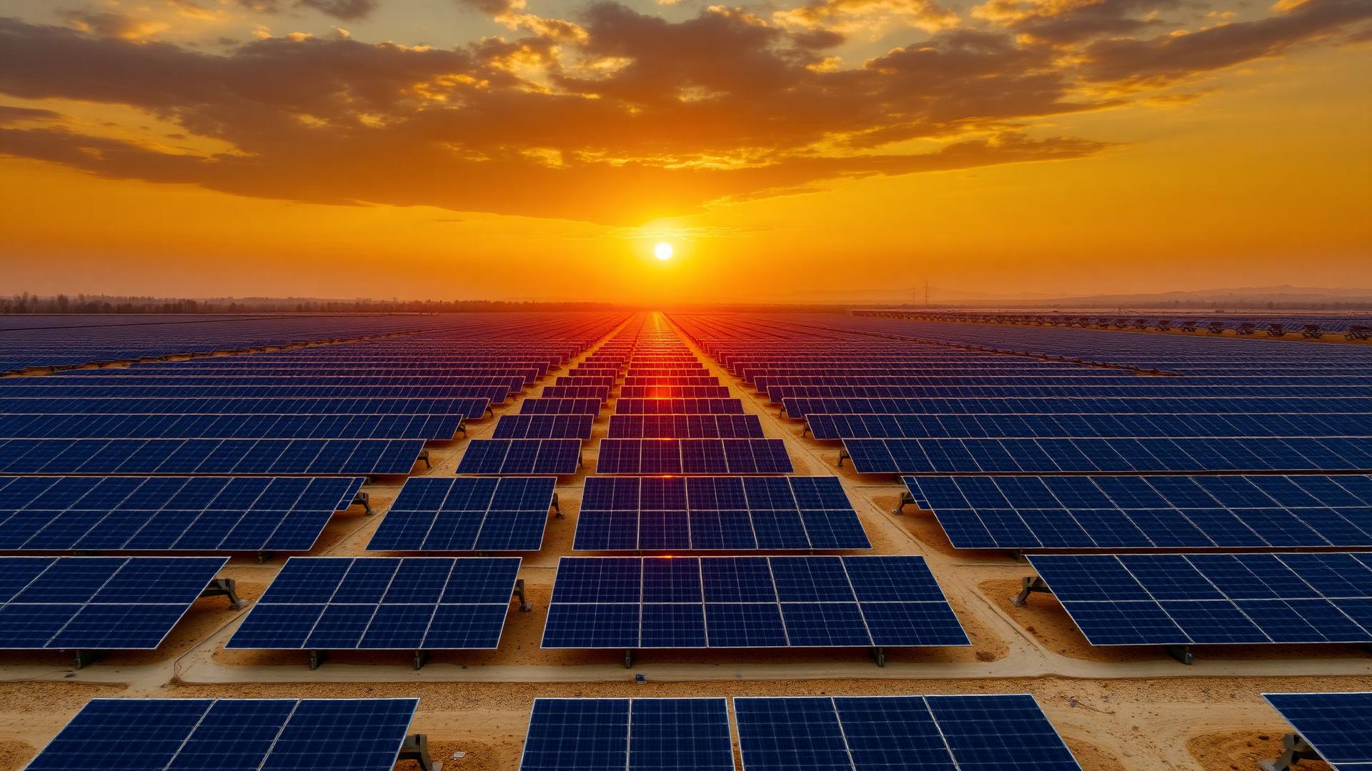 Usina solar fotovoltaica ao pôr do sol